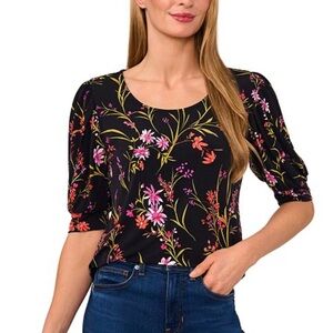 CeCe NWT Black Floral Top Size M Elbow Length Puff Sleeve Wildflowers Romantic